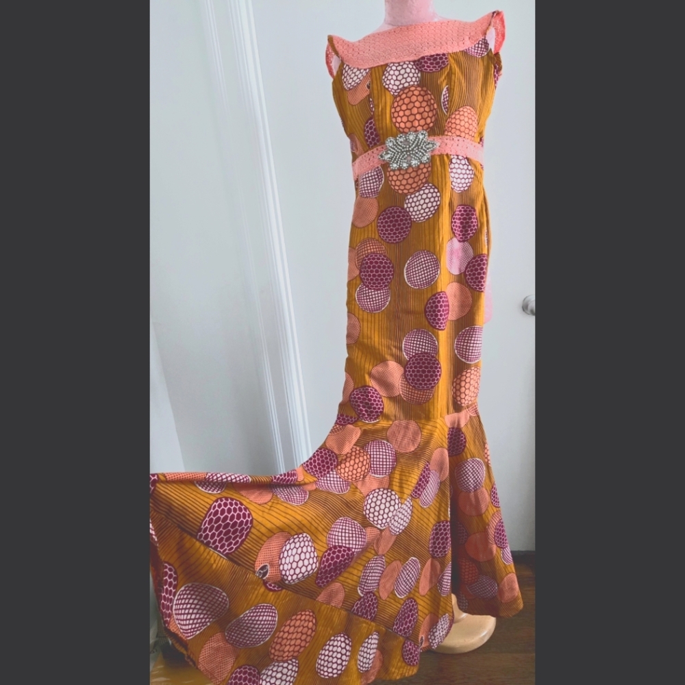 African Maxi Evening Wax Resist Geometrical Pattern Fabric Dress Size XS‎